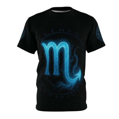 Mystical Blue Scorpio Zodiac Sign and Magic Rune glyph radiating arcane energy | Zodiac Collection | Unisex Cut & Sew Tee (AOP)