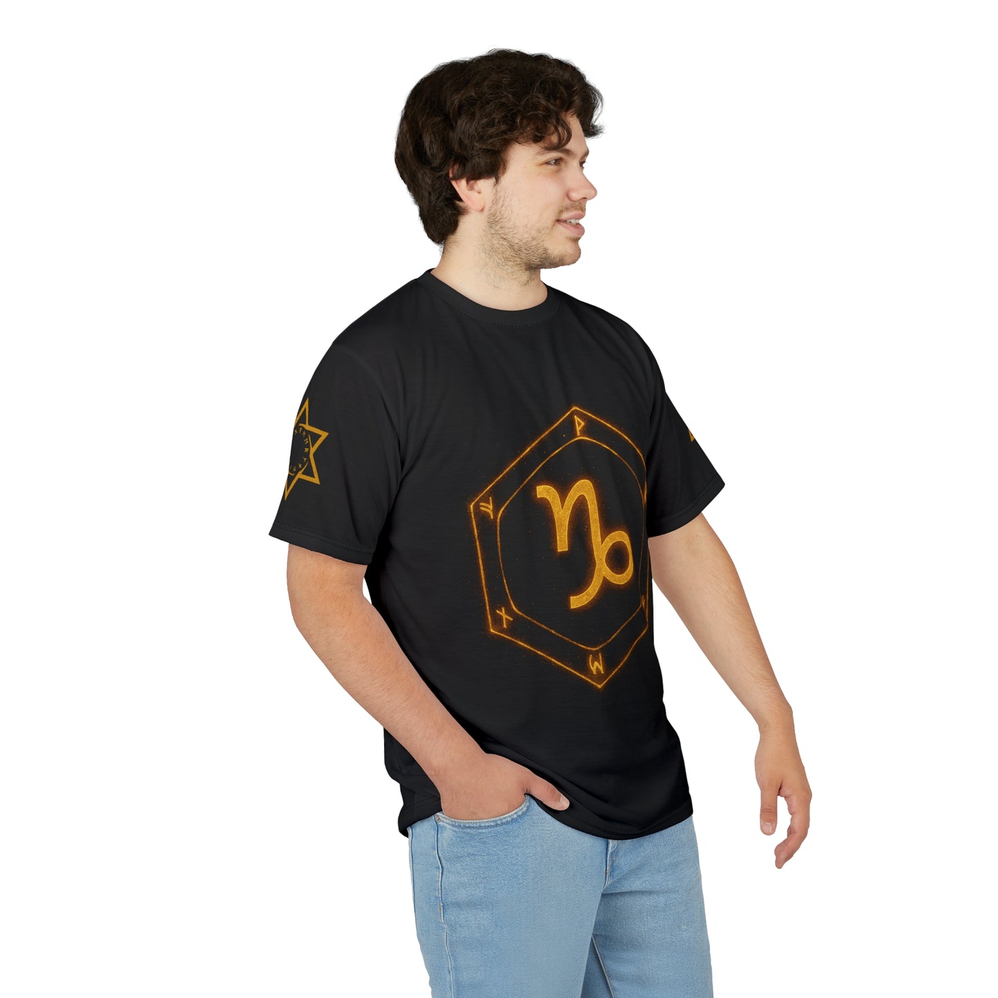 Capricorn zodiac t-shirt – glowing earth rune and sea-goat magic seal | Zodiac Collection | Unisex Cut & Sew Tee (AOP)