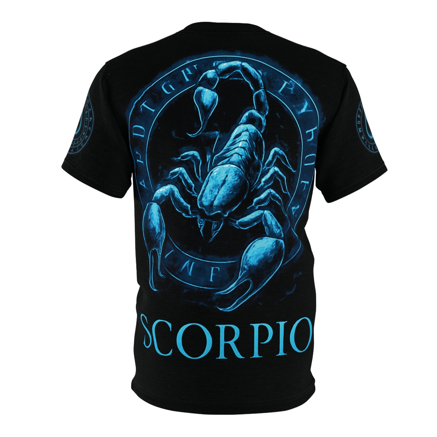 Mystical Blue Scorpio Zodiac Sign and Magic Rune glyph radiating arcane energy | Zodiac Collection | Unisex Cut & Sew Tee (AOP)