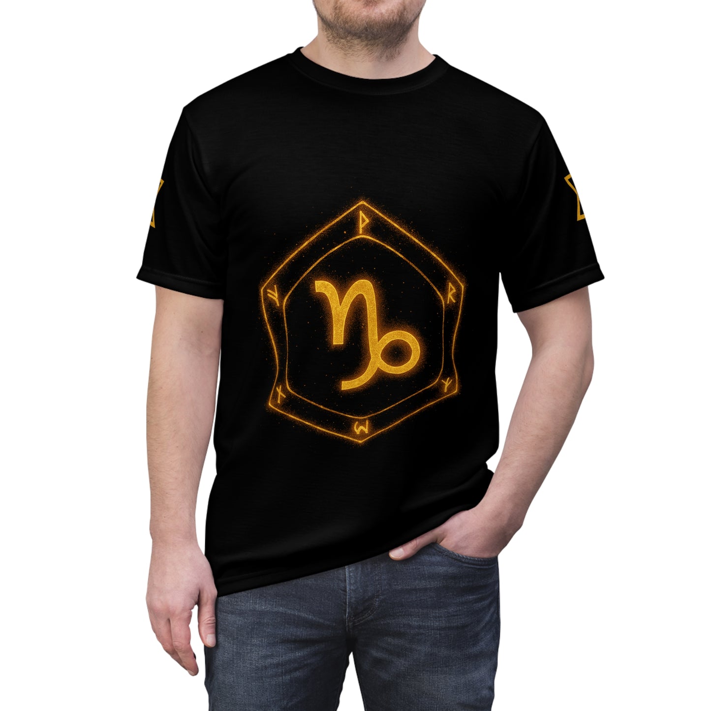 Capricorn zodiac t-shirt – glowing earth rune and sea-goat magic seal | Zodiac Collection | Unisex Cut & Sew Tee (AOP)