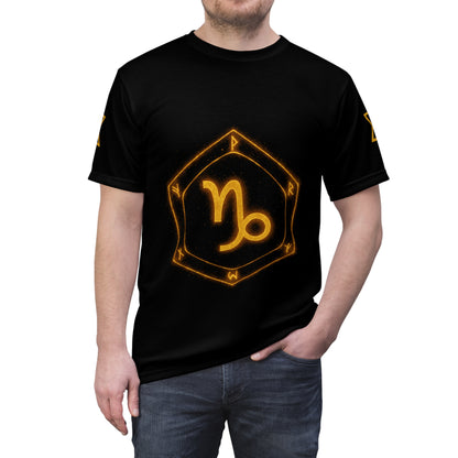 Capricorn zodiac t-shirt – glowing earth rune and sea-goat magic seal | Zodiac Collection | Unisex Cut & Sew Tee (AOP)