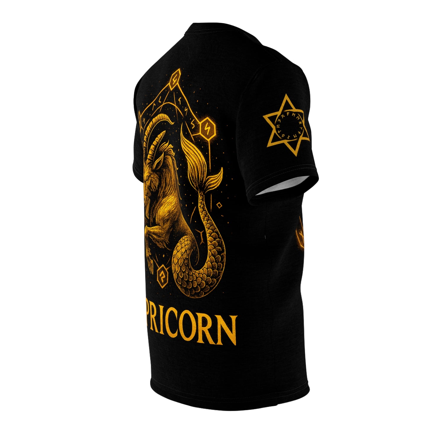 Capricorn zodiac t-shirt – glowing earth rune and sea-goat magic seal | Zodiac Collection | Unisex Cut & Sew Tee (AOP)