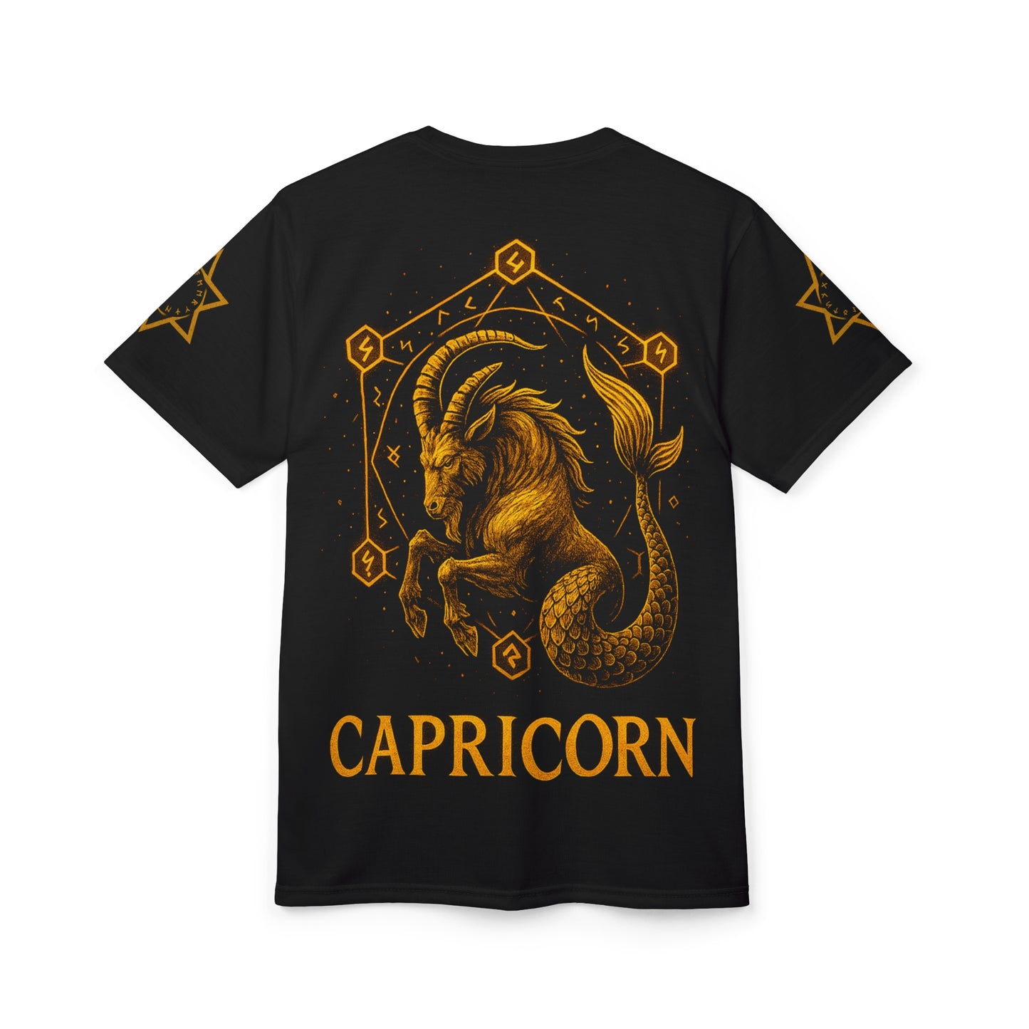Capricorn zodiac t-shirt – glowing earth rune and sea-goat magic seal | Zodiac Collection | Unisex Cut & Sew Tee (AOP)