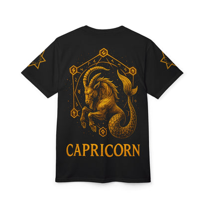 Capricorn zodiac t-shirt – glowing earth rune and sea-goat magic seal | Zodiac Collection | Unisex Cut & Sew Tee (AOP)