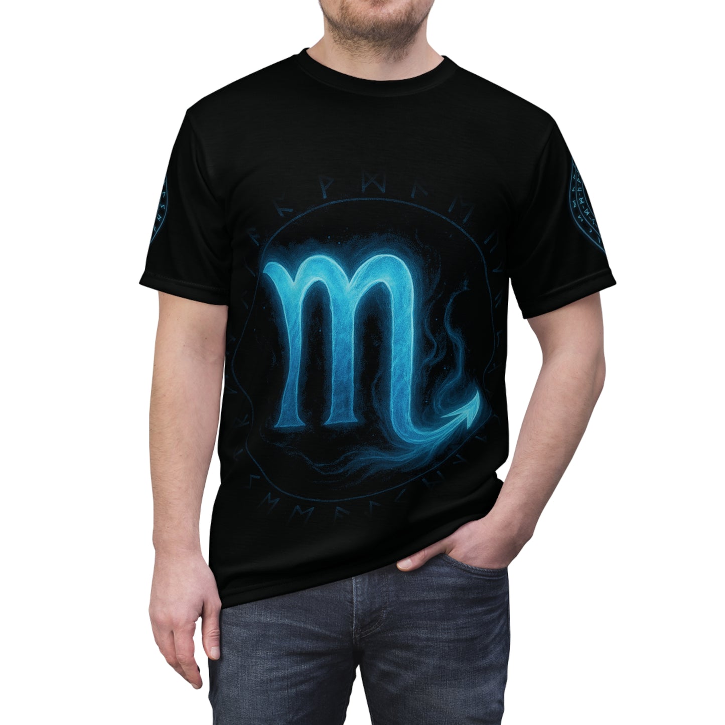 Mystical Blue Scorpio Zodiac Sign and Magic Rune glyph radiating arcane energy | Zodiac Collection | Unisex Cut & Sew Tee (AOP)
