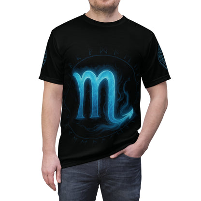 Mystical Blue Scorpio Zodiac Sign and Magic Rune glyph radiating arcane energy | Zodiac Collection | Unisex Cut & Sew Tee (AOP)