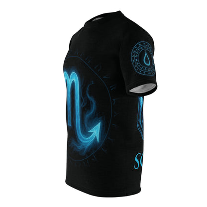 Mystical Blue Scorpio Zodiac Sign and Magic Rune glyph radiating arcane energy | Zodiac Collection | Unisex Cut & Sew Tee (AOP)