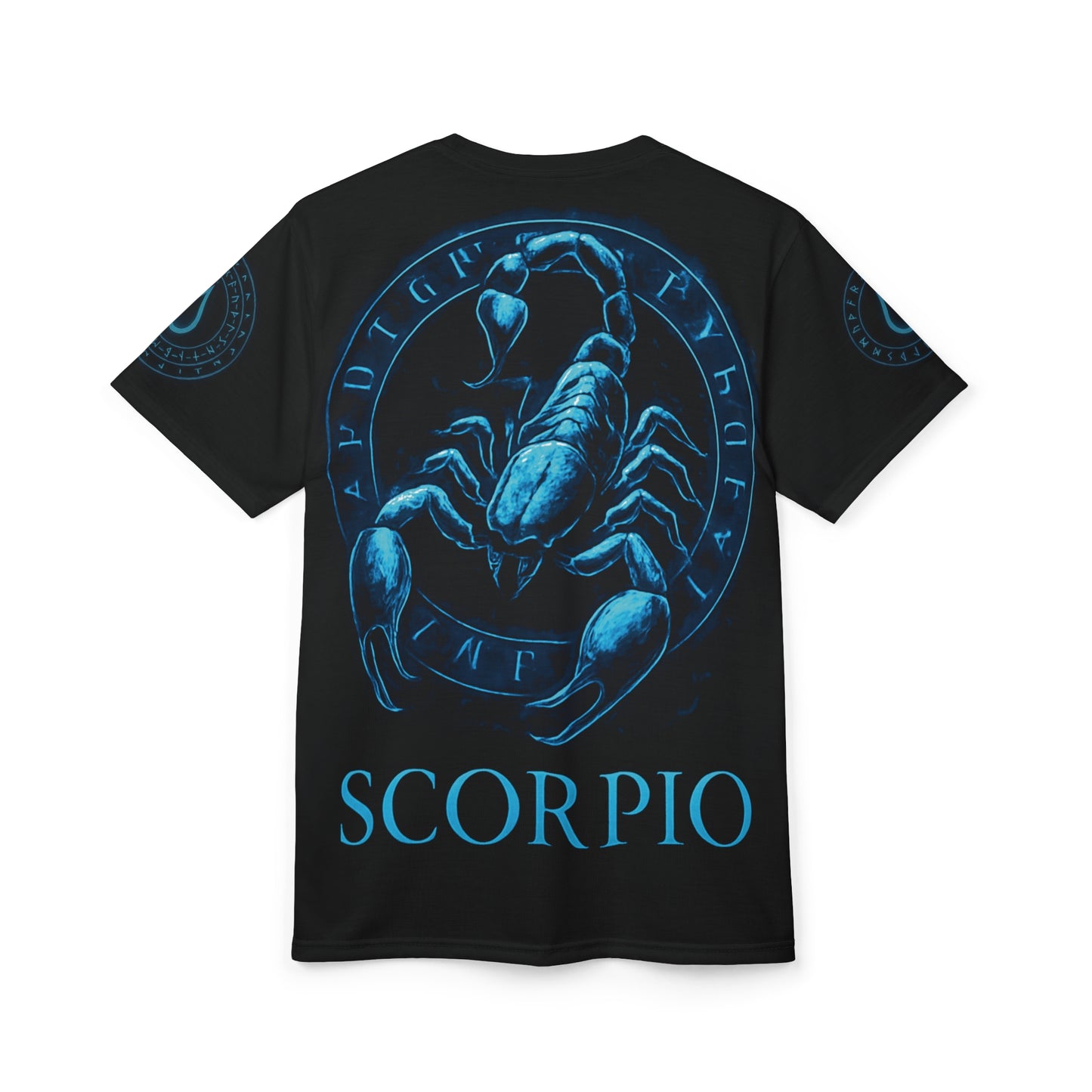 Black t-shirt back with glowing blue scorpion artwork, surrounded by arcane runes and “SCORPIO” text beneath the design