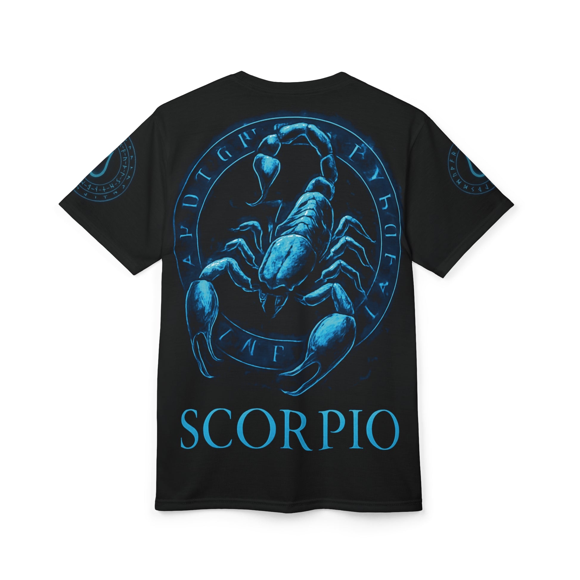Black t-shirt back with glowing blue scorpion artwork, surrounded by arcane runes and “SCORPIO” text beneath the design