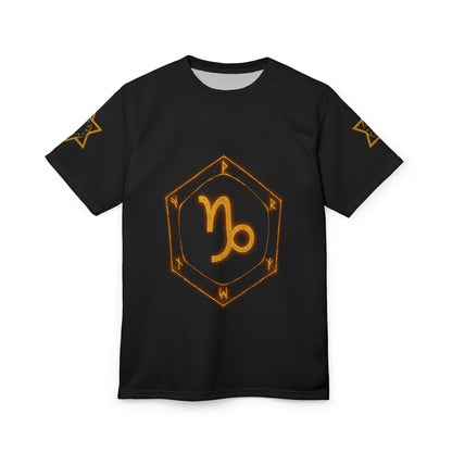 Capricorn zodiac t-shirt – glowing earth rune and sea-goat magic seal | Zodiac Collection | Unisex Cut & Sew Tee (AOP)