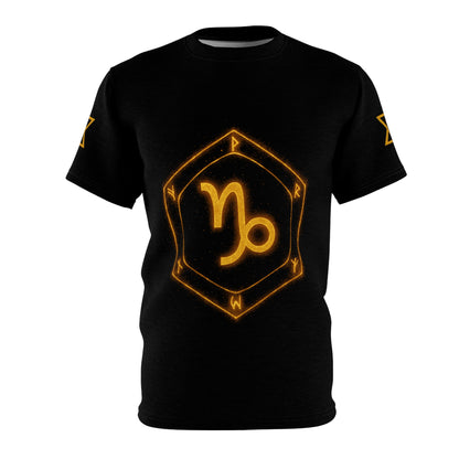 Capricorn zodiac t-shirt – glowing earth rune and sea-goat magic seal | Zodiac Collection | Unisex Cut & Sew Tee (AOP)