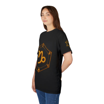 Capricorn zodiac t-shirt – glowing earth rune and sea-goat magic seal | Zodiac Collection | Unisex Cut & Sew Tee (AOP)