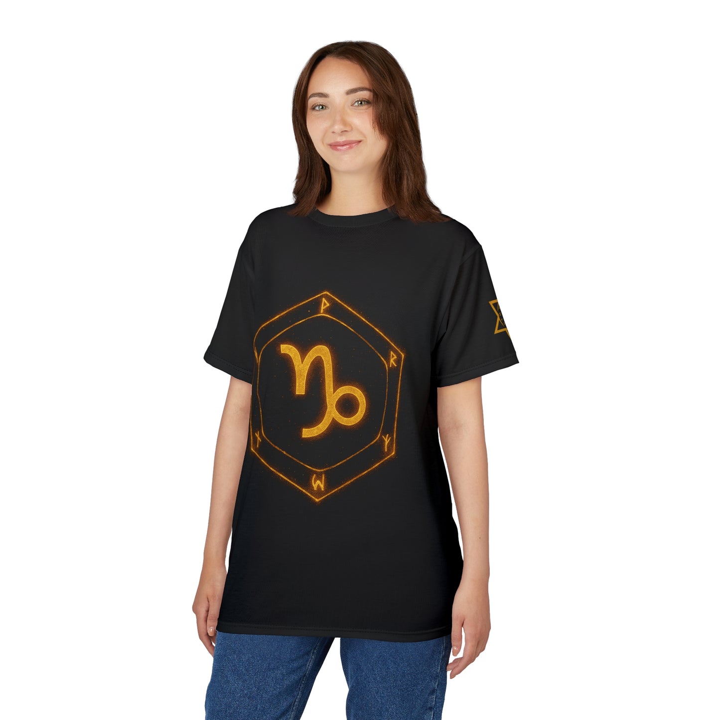 Capricorn zodiac t-shirt – glowing earth rune and sea-goat magic seal | Zodiac Collection | Unisex Cut & Sew Tee (AOP)