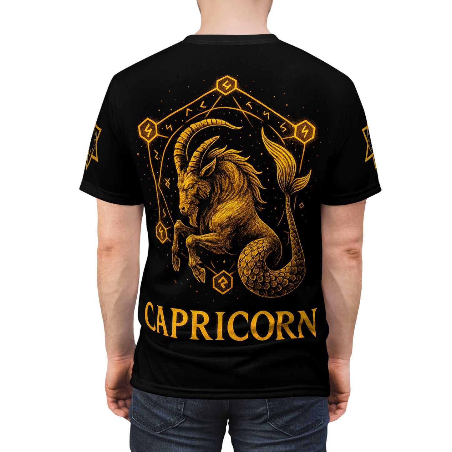 Capricorn zodiac t-shirt – glowing earth rune and sea-goat magic seal | Zodiac Collection | Unisex Cut & Sew Tee (AOP)