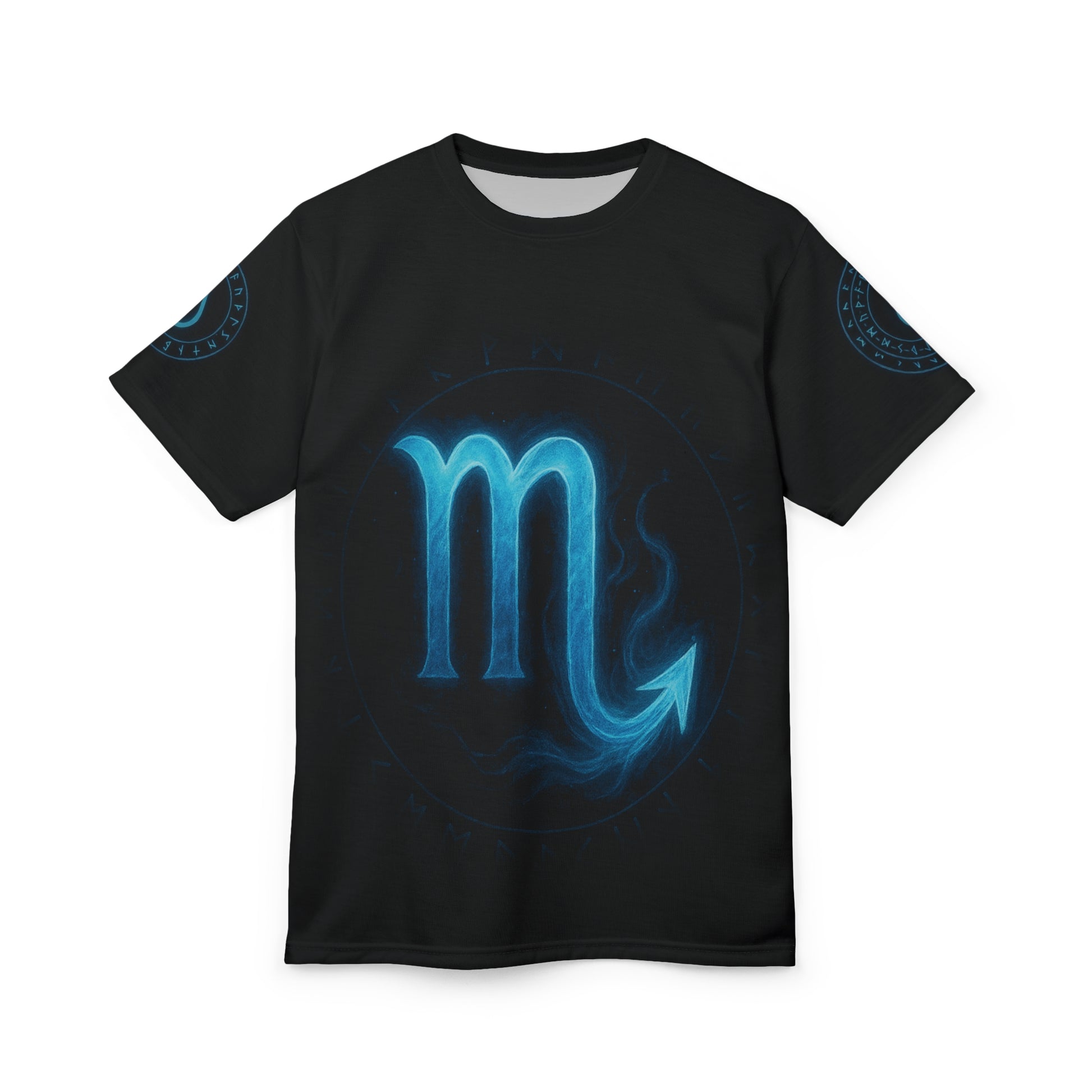 Black t-shirt front with glowing blue Scorpio zodiac symbol, surrounded by mystical rune circle and flame-like energy effect