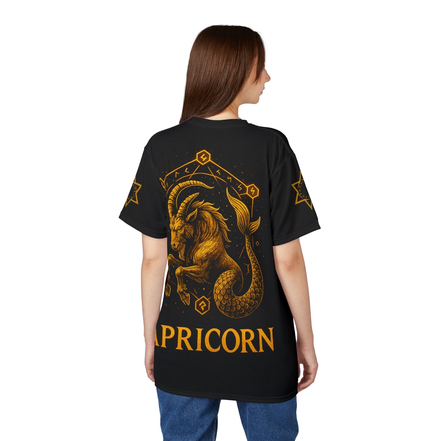 Capricorn zodiac t-shirt – glowing earth rune and sea-goat magic seal | Zodiac Collection | Unisex Cut & Sew Tee (AOP)