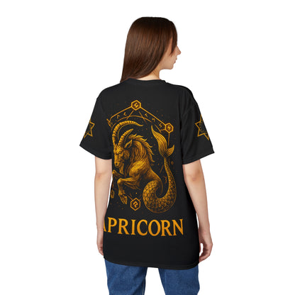 Capricorn zodiac t-shirt – glowing earth rune and sea-goat magic seal | Zodiac Collection | Unisex Cut & Sew Tee (AOP)