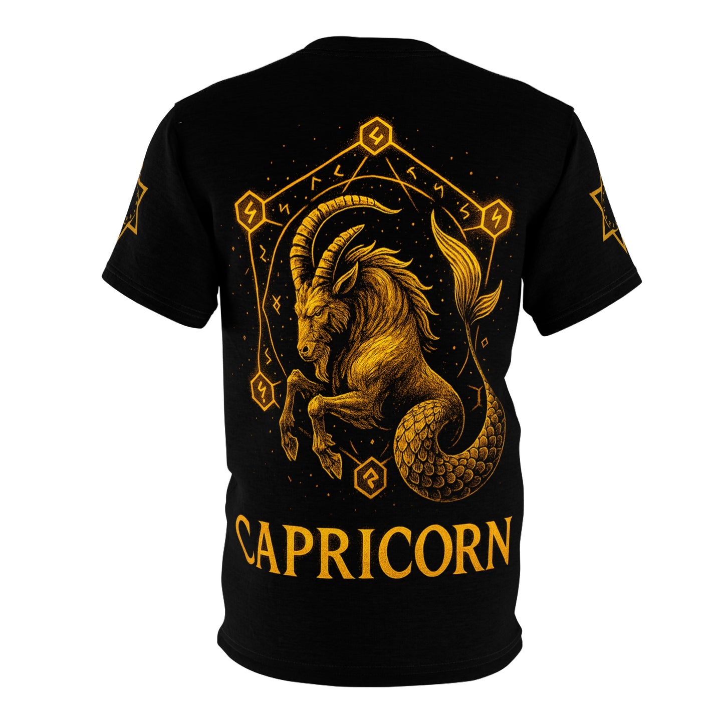 Capricorn zodiac t-shirt – glowing earth rune and sea-goat magic seal | Zodiac Collection | Unisex Cut & Sew Tee (AOP)