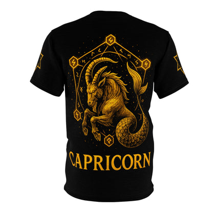 Capricorn zodiac t-shirt – glowing earth rune and sea-goat magic seal | Zodiac Collection | Unisex Cut & Sew Tee (AOP)
