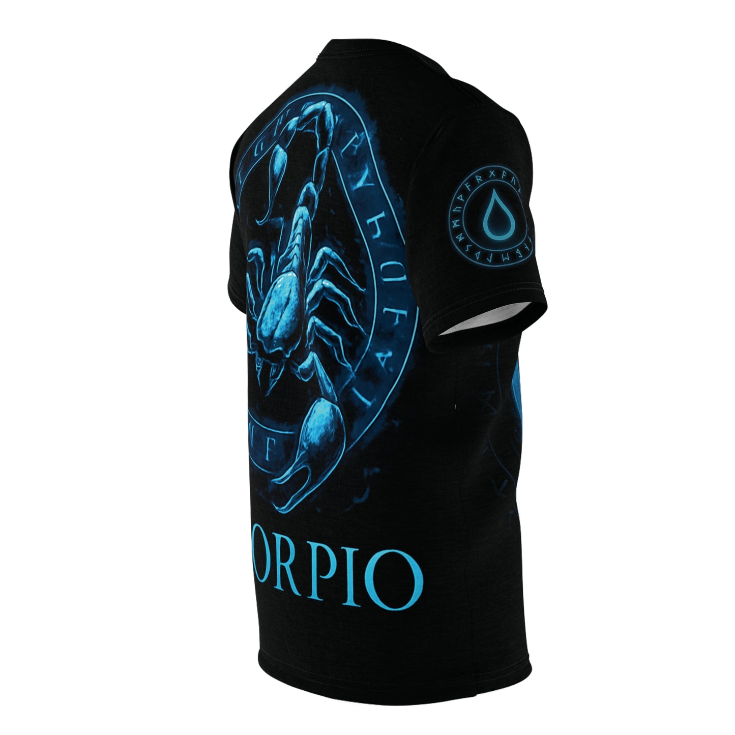 Mystical Blue Scorpio Zodiac Sign and Magic Rune glyph radiating arcane energy | Zodiac Collection | Unisex Cut & Sew Tee (AOP)