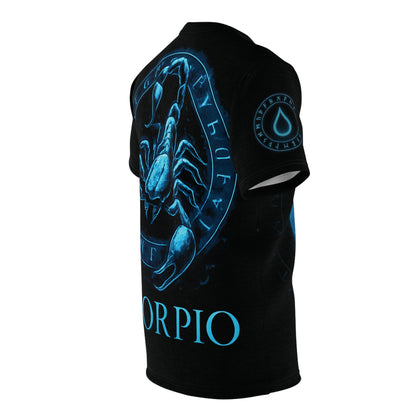 Mystical Blue Scorpio Zodiac Sign and Magic Rune glyph radiating arcane energy | Zodiac Collection | Unisex Cut & Sew Tee (AOP)