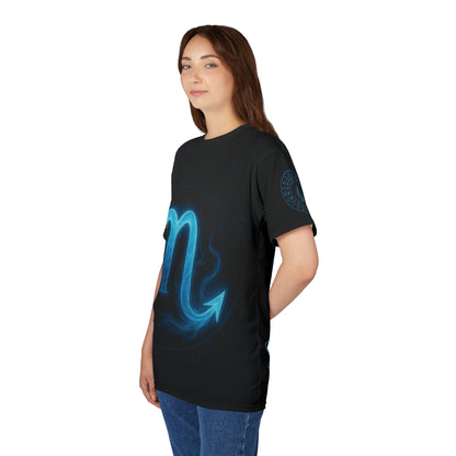 Mystical Blue Scorpio Zodiac Sign and Magic Rune glyph radiating arcane energy | Zodiac Collection | Unisex Cut & Sew Tee (AOP)