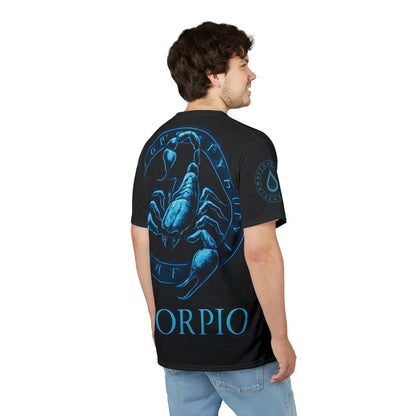 Mystical Blue Scorpio Zodiac Sign and Magic Rune glyph radiating arcane energy | Zodiac Collection | Unisex Cut & Sew Tee (AOP)