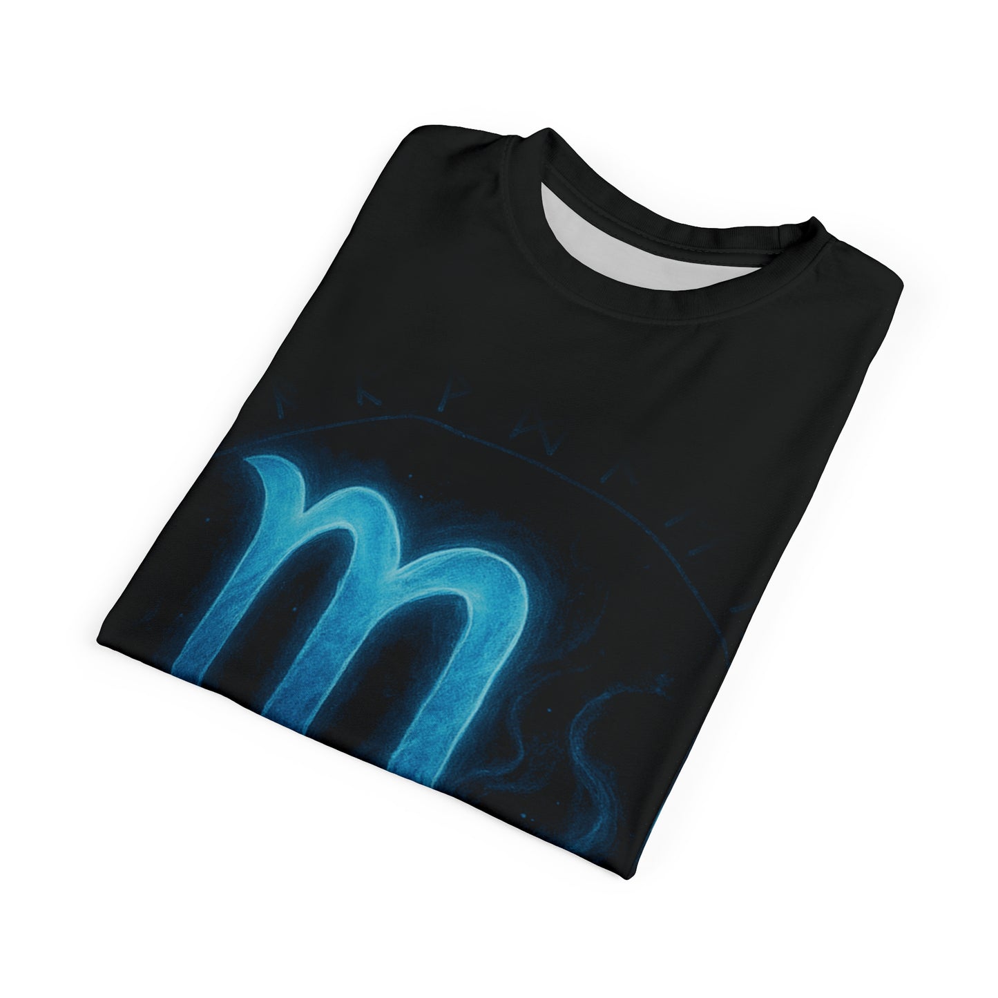 Mystical Blue Scorpio Zodiac Sign and Magic Rune glyph radiating arcane energy | Zodiac Collection | Unisex Cut & Sew Tee (AOP)