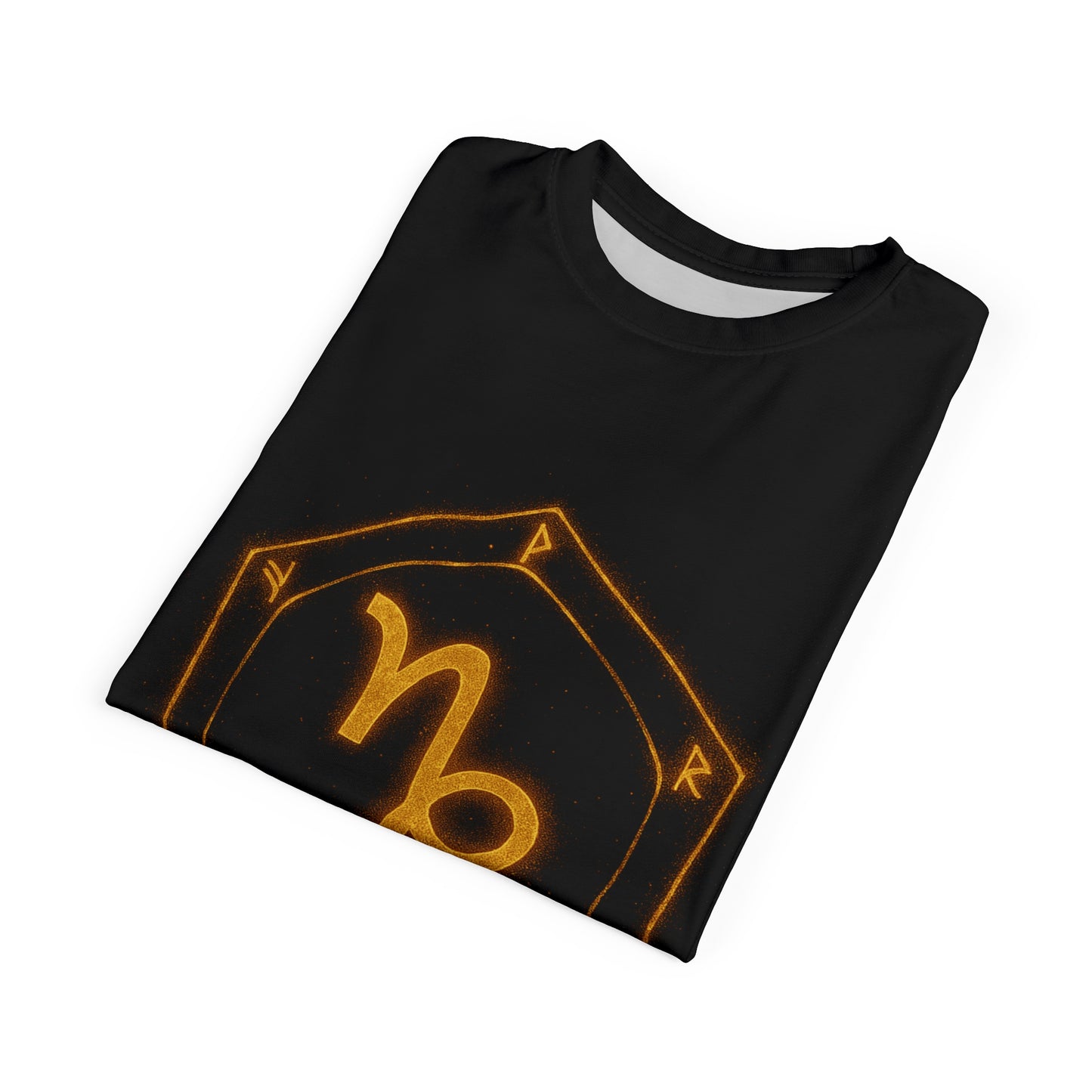 Capricorn zodiac t-shirt – glowing earth rune and sea-goat magic seal | Zodiac Collection | Unisex Cut & Sew Tee (AOP)