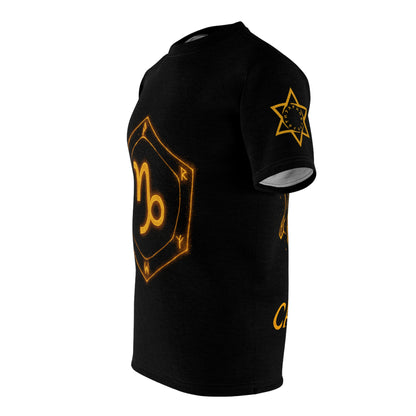 Capricorn zodiac t-shirt – glowing earth rune and sea-goat magic seal | Zodiac Collection | Unisex Cut & Sew Tee (AOP)