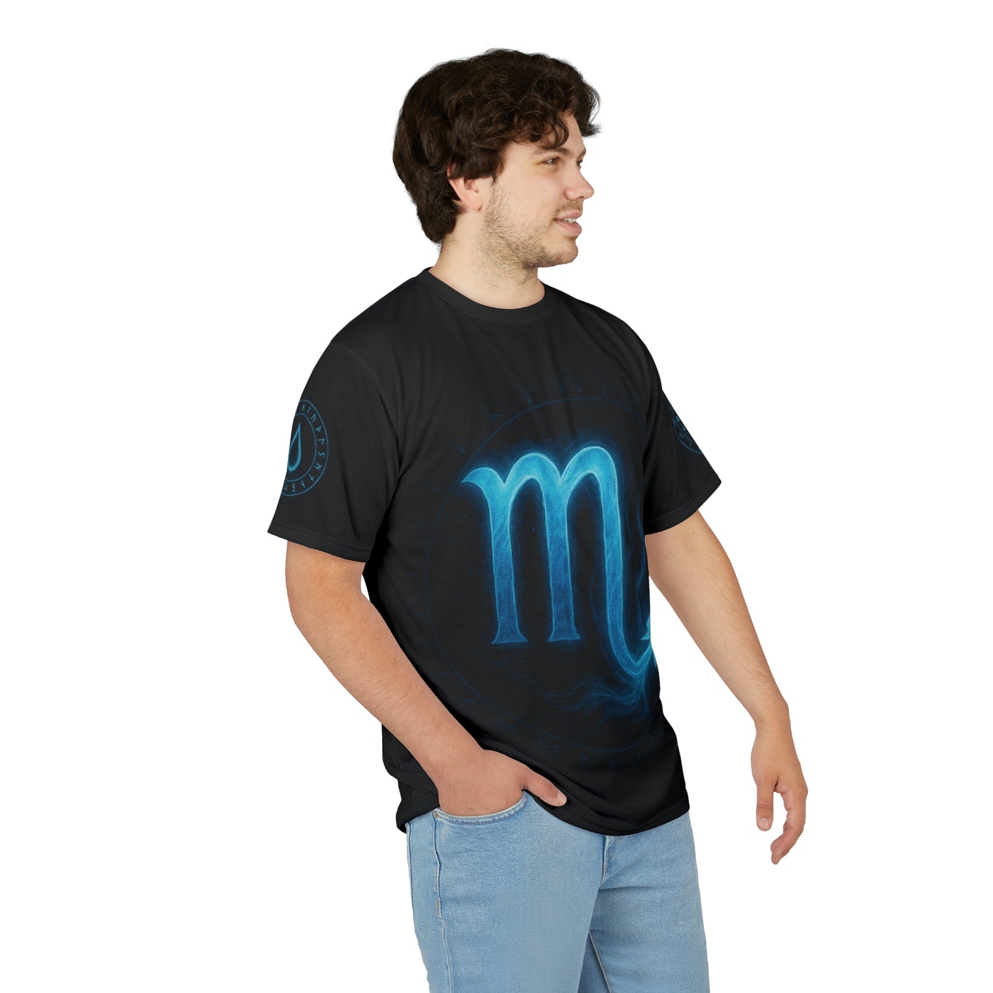 Mystical Blue Scorpio Zodiac Sign and Magic Rune glyph radiating arcane energy | Zodiac Collection | Unisex Cut & Sew Tee (AOP)