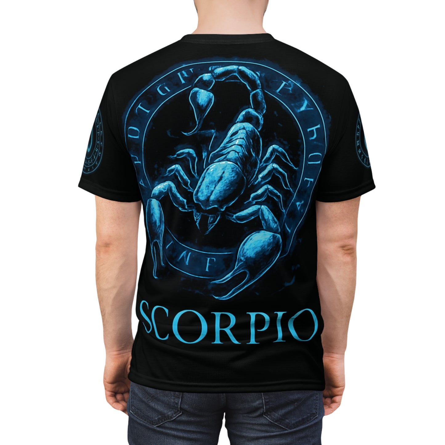 Mystical Blue Scorpio Zodiac Sign and Magic Rune glyph radiating arcane energy | Zodiac Collection | Unisex Cut & Sew Tee (AOP)